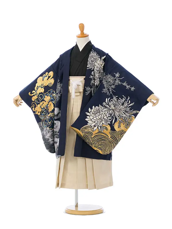 七五三(5歳男)HAO5368 紺 鷹に菊 波|黒|白金