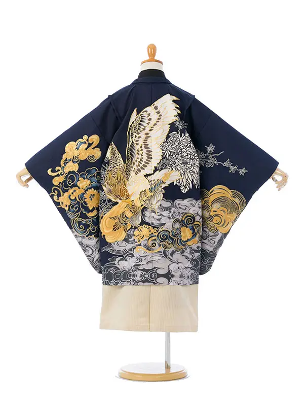 七五三(5歳男)HAO5368 紺 鷹に菊 波|黒|白金