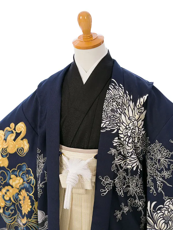 七五三(5歳男)HAO5368 紺 鷹に菊 波|黒|白金