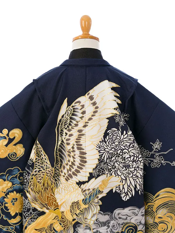 七五三(5歳男)HAO5368 紺 鷹に菊 波|黒|白金