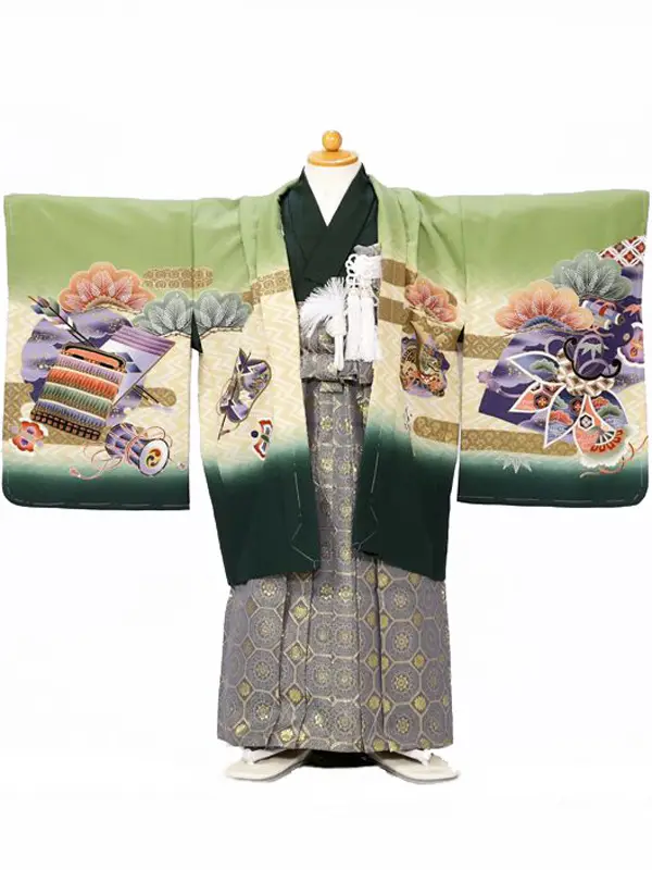 七五三(5歳男)E-5-817 深緑 兜に松竹 吉祥文様/グレー 亀甲紋