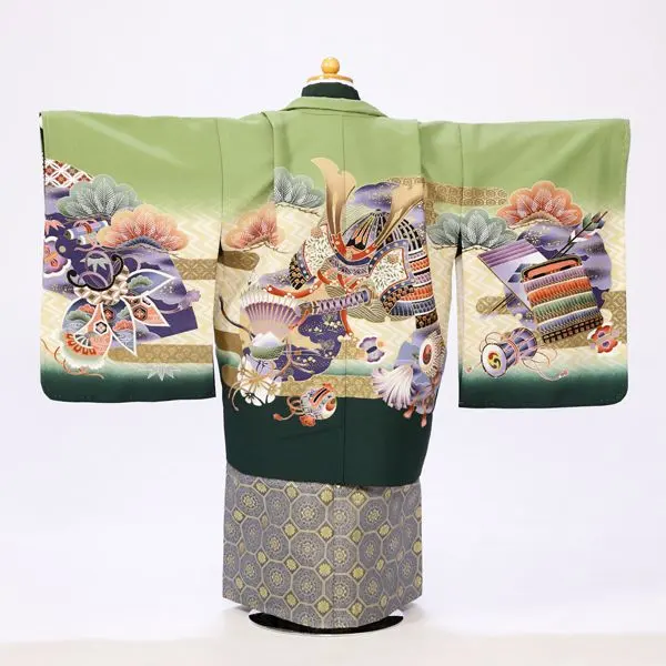 七五三(5歳男)E-5-817 深緑 兜に松竹 吉祥文様/グレー 亀甲紋