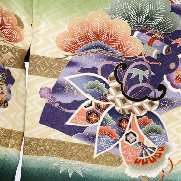 七五三(5歳男)E-5-817 深緑 兜に松竹 吉祥文様/グレー 亀甲紋