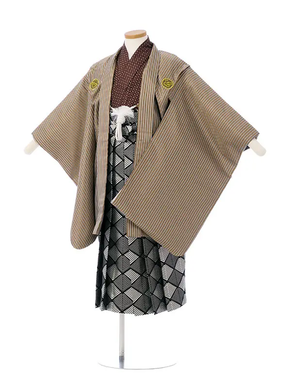 七五三(7歳男)HAO7015 金茶縞に五つ紋/茶/黒銀