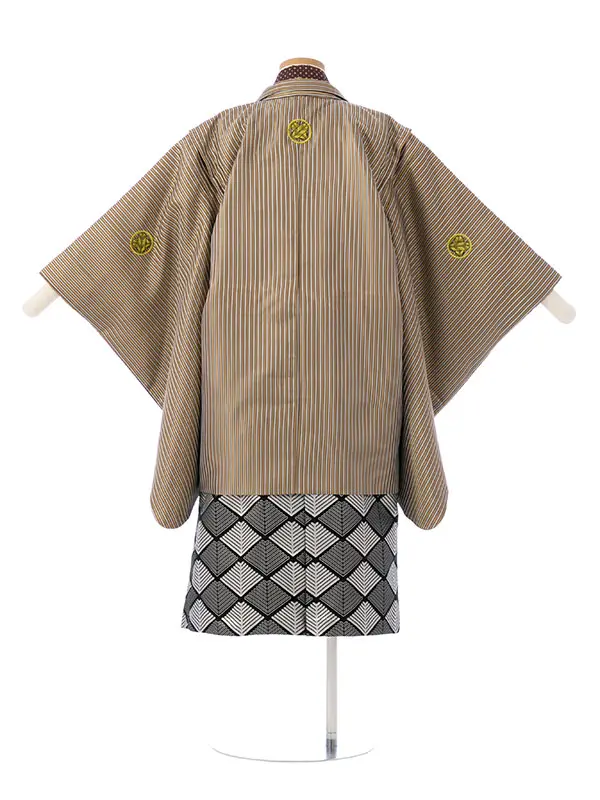 七五三(7歳男)HAO7015 金茶縞に五つ紋/茶/黒銀