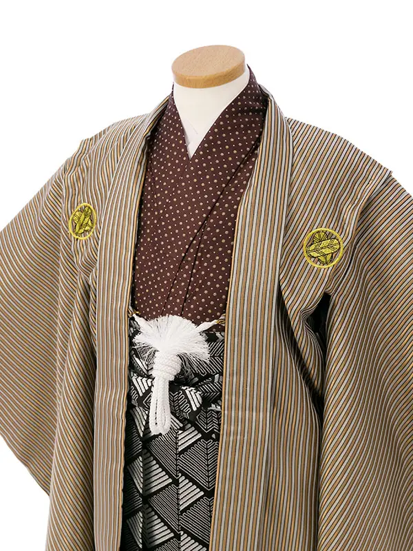 七五三(7歳男)HAO7015 金茶縞に五つ紋/茶/黒銀