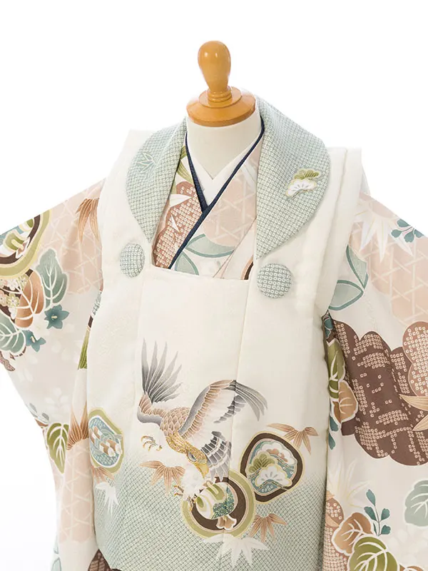 七五三(3歳男被布)HAOH103 緑白 鷹に丸紋|ﾍﾞｰｼﾞｭ 松竹梅