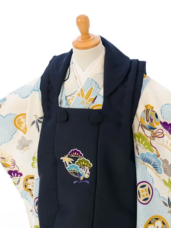七五三(3歳男被布)HAOH110 紺 松竹梅|ｸﾘｰﾑ白