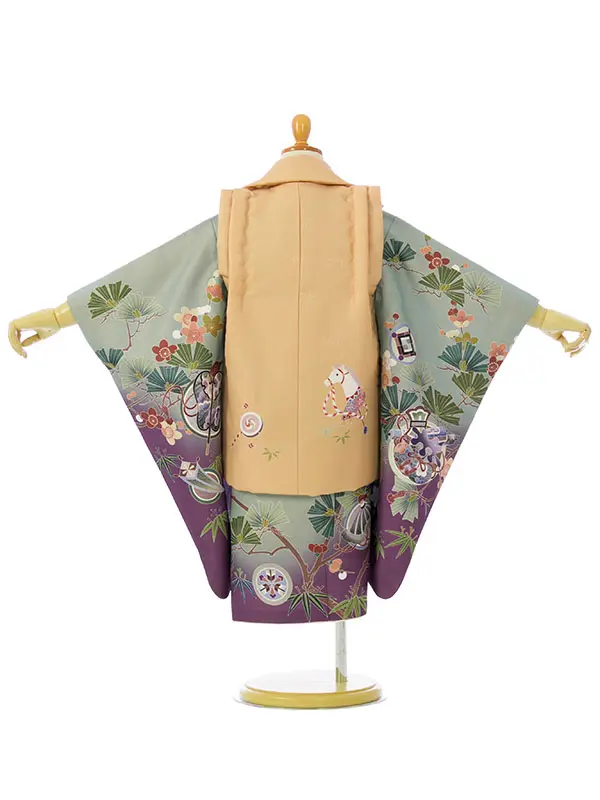 七五三(3歳男被布)HAOH119 ﾍﾞｰｼﾞｭ 縁起物|緑 松竹梅