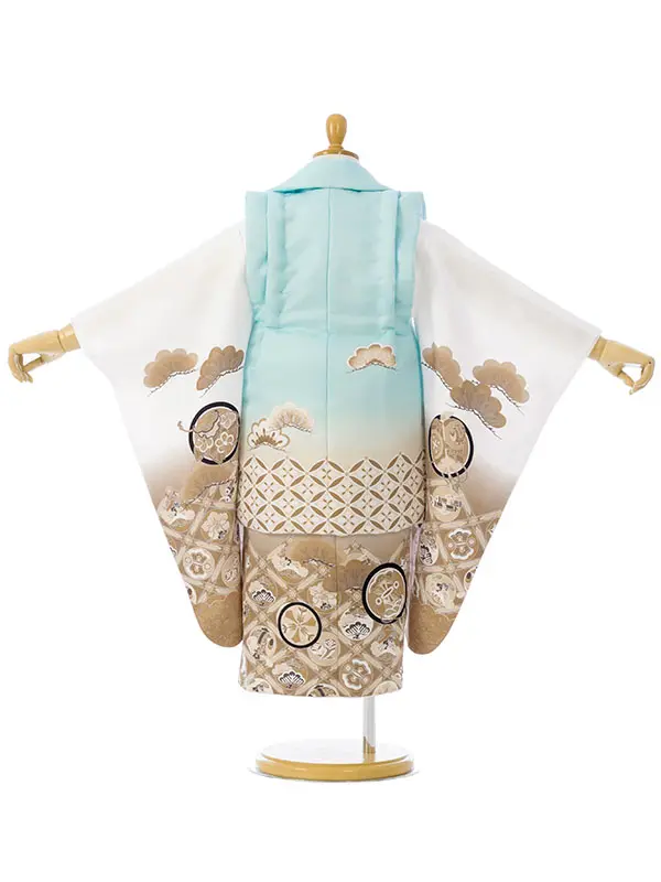 七五三(3歳男被布)HAOH127 水色 七宝に鷹 松|白 ﾍﾞｰｼﾞｭ