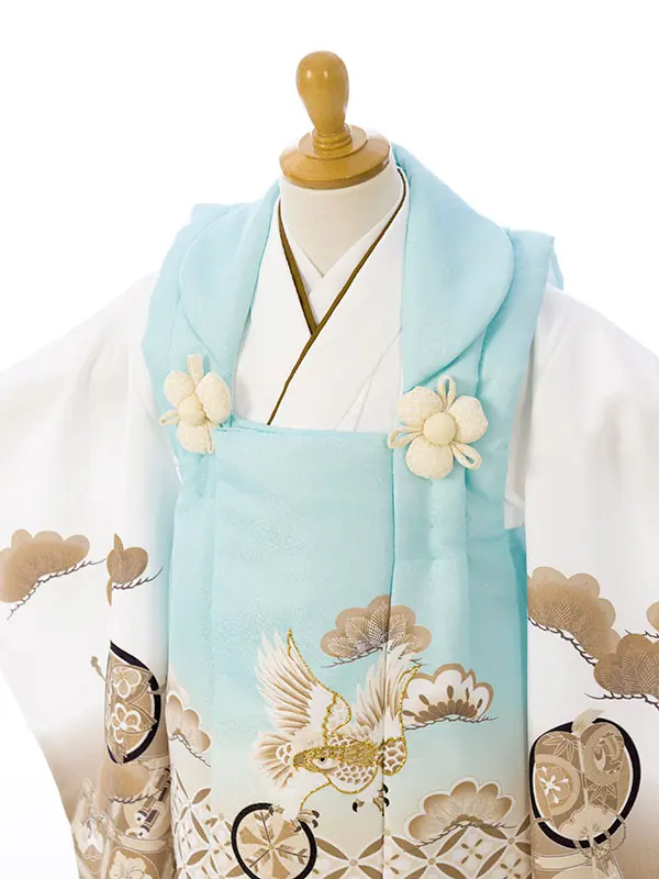 七五三(3歳男被布)HAOH127 水色 七宝に鷹 松|白 ﾍﾞｰｼﾞｭ