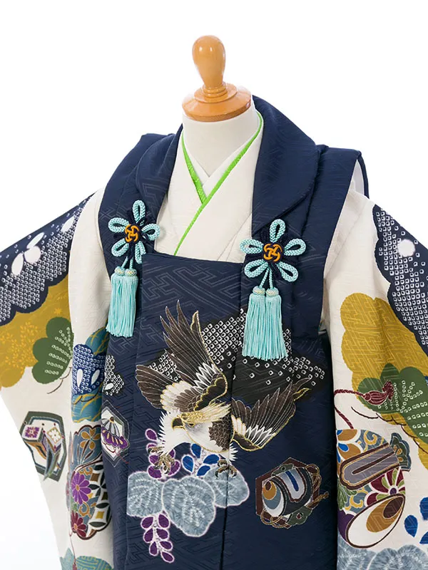 七五三(3歳男被布)HAOH159 紺 鷹 金彩|白紺 鹿の子 吉祥文様