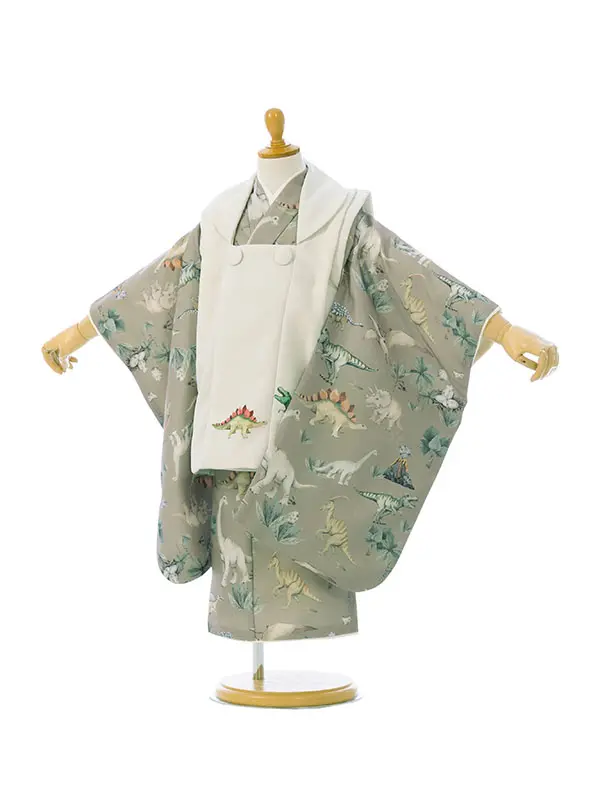 七五三(3歳男被布)HAOH161 ｵﾌ白|茶色 恐竜