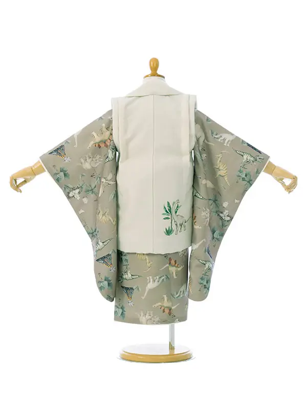 七五三(3歳男被布)HAOH161 ｵﾌ白|茶色 恐竜