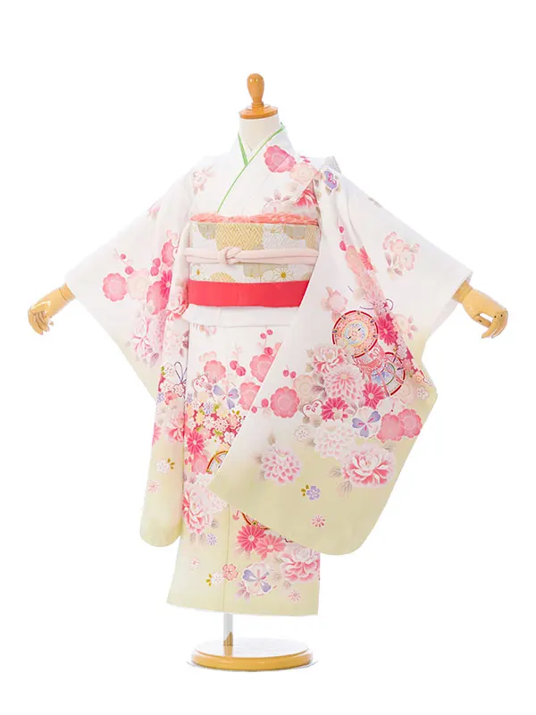七五三(5歳女)HAP5013 白/鶸ぼかし 百花に鼓
