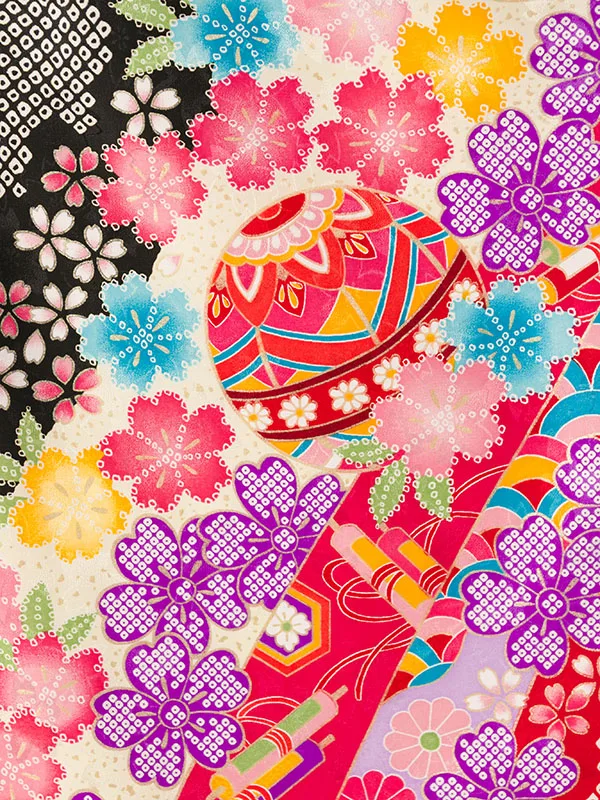 七五三(7歳女)E-7-019 黒地 赤ぼかし 疋田絞り調 桜 鞠 鼓