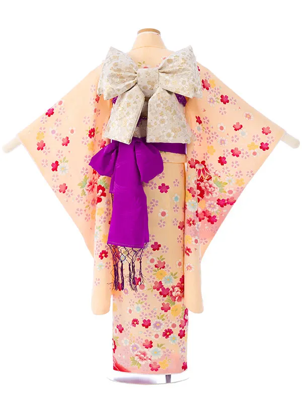 七五三(7歳女)E-7-126 正絹 ｸﾘｰﾑｲｴﾛｰ 花尽くし