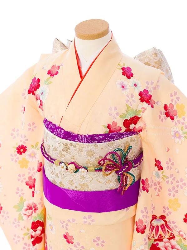 七五三(7歳女)E-7-126 正絹 ｸﾘｰﾑｲｴﾛｰ 花尽くし