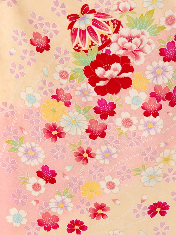 七五三(7歳女)E-7-126 正絹 ｸﾘｰﾑｲｴﾛｰ 花尽くし