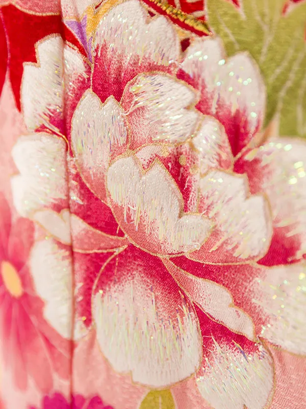 七五三(7歳女)E-7-126 正絹 ｸﾘｰﾑｲｴﾛｰ 花尽くし