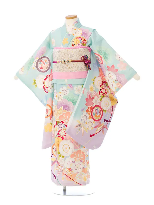 七五三(7歳女)HAP7342 水色 四季花 丸紋に縁起物