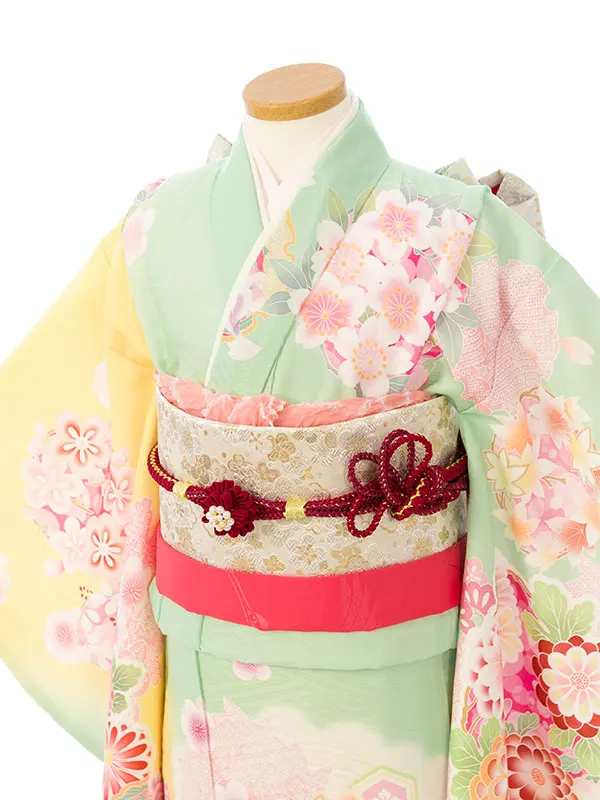 七五三(7歳女)HAP7343 鶸色/黄色地 花輪 絵羽