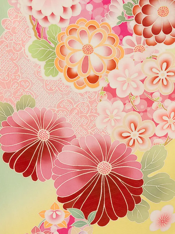 七五三(7歳女)HAP7343 鶸色/黄色地 花輪 絵羽