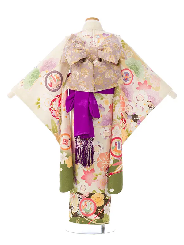 七五三(7歳女)HAP7344 ｸﾘｰﾑ/抹茶 四季花 丸紋に縁起物