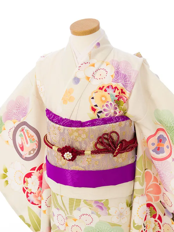 七五三(7歳女)HAP7344 ｸﾘｰﾑ/抹茶 四季花 丸紋に縁起物