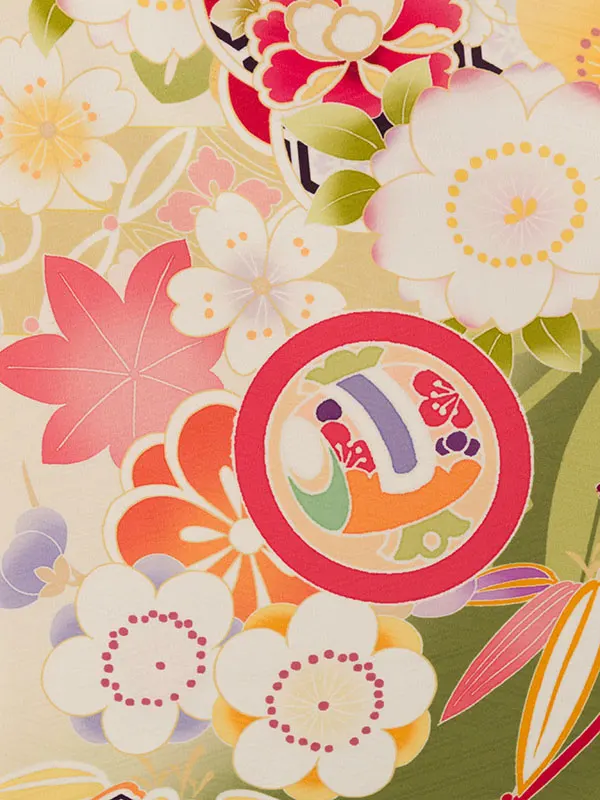 七五三(7歳女)HAP7344 ｸﾘｰﾑ/抹茶 四季花 丸紋に縁起物