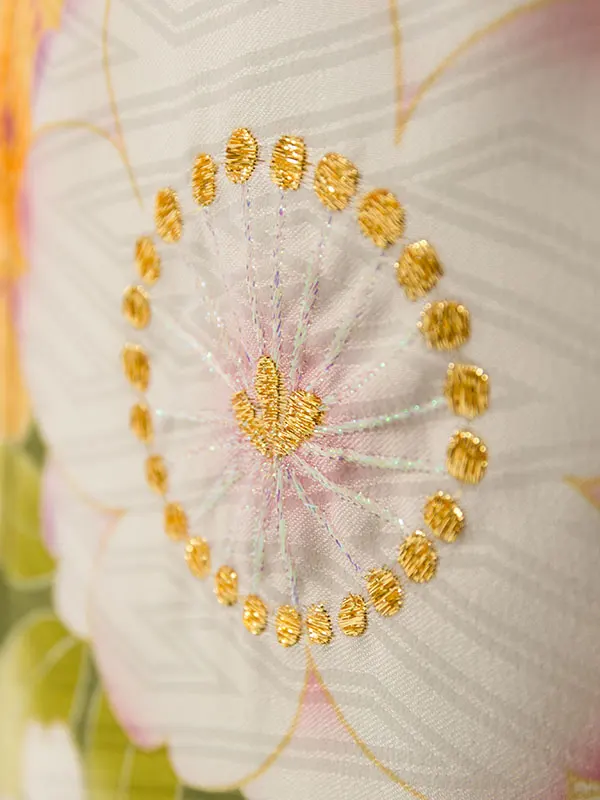 七五三(7歳女)HAP7344 ｸﾘｰﾑ/抹茶 四季花 丸紋に縁起物