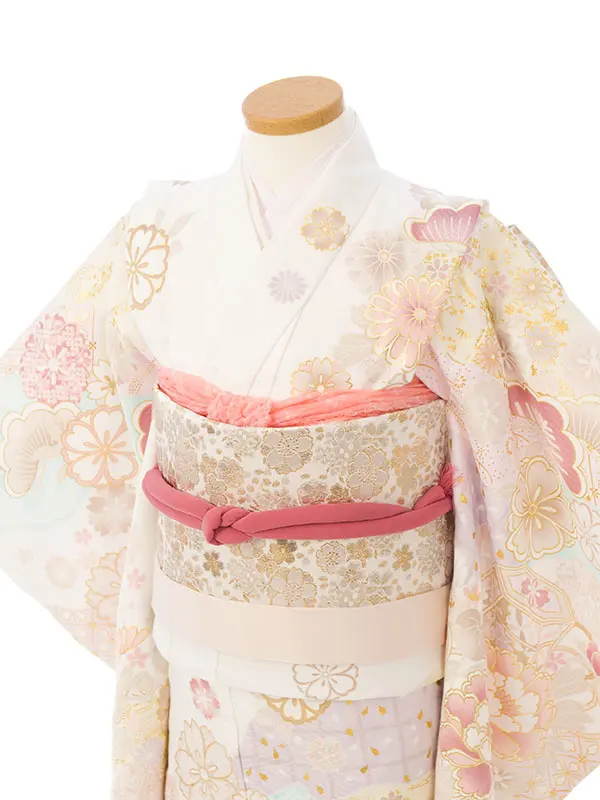 七五三(7歳女)HAP7348 白×薄水色 四季花 古典柄 金彩