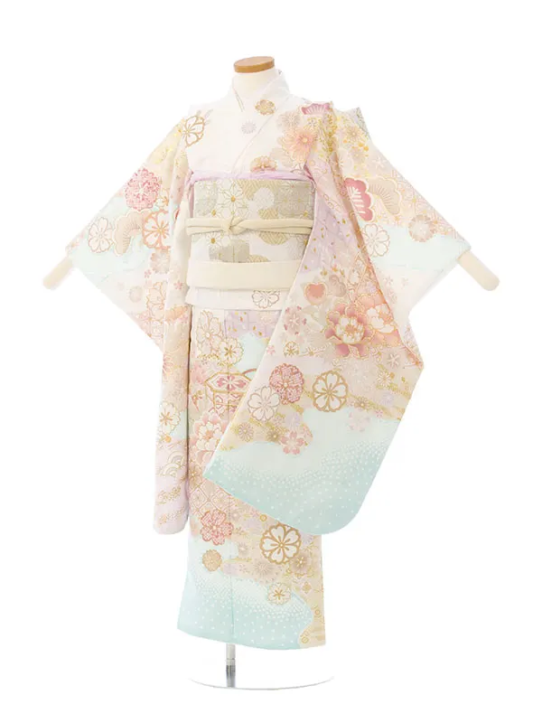 七五三(7歳女)HAP7349 白×薄水色 四季花 古典柄 金彩