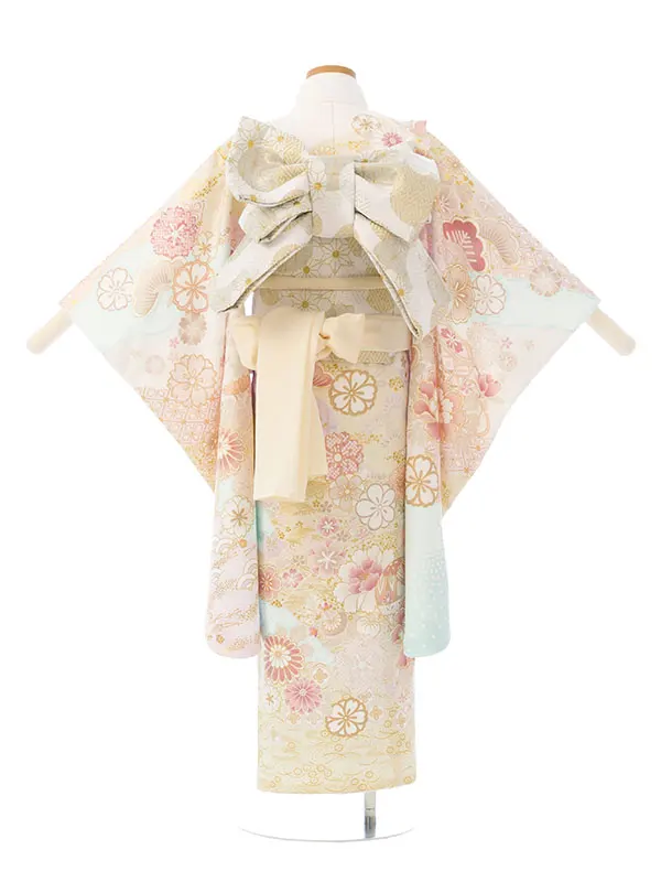 七五三(7歳女)HAP7349 白×薄水色 四季花 古典柄 金彩