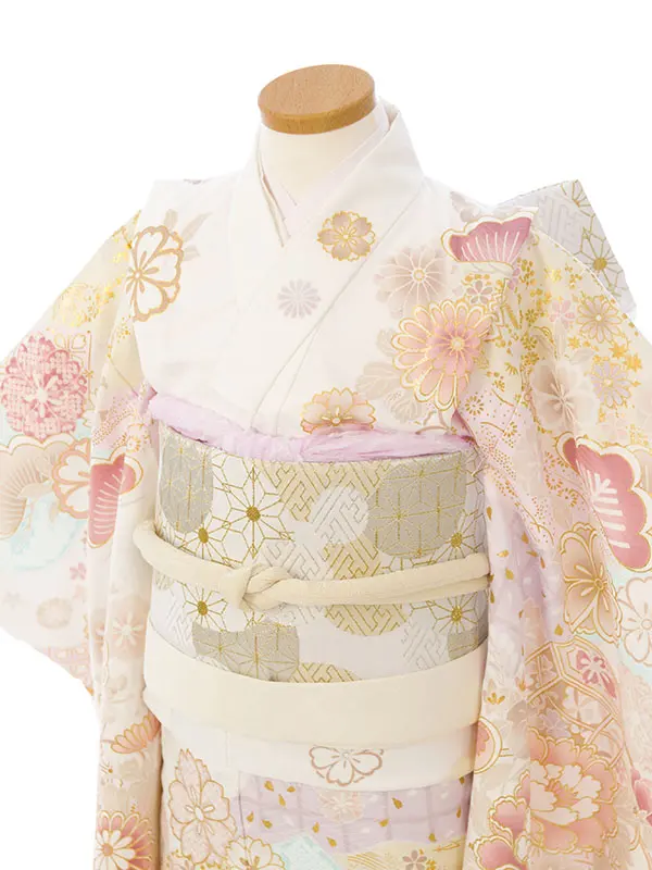 七五三(7歳女)HAP7349 白×薄水色 四季花 古典柄 金彩