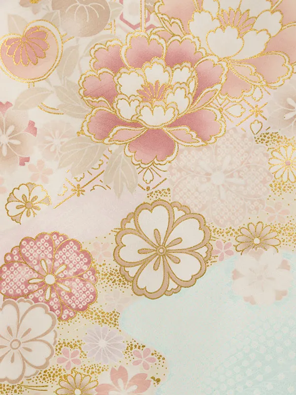 七五三(7歳女)HAP7349 白×薄水色 四季花 古典柄 金彩