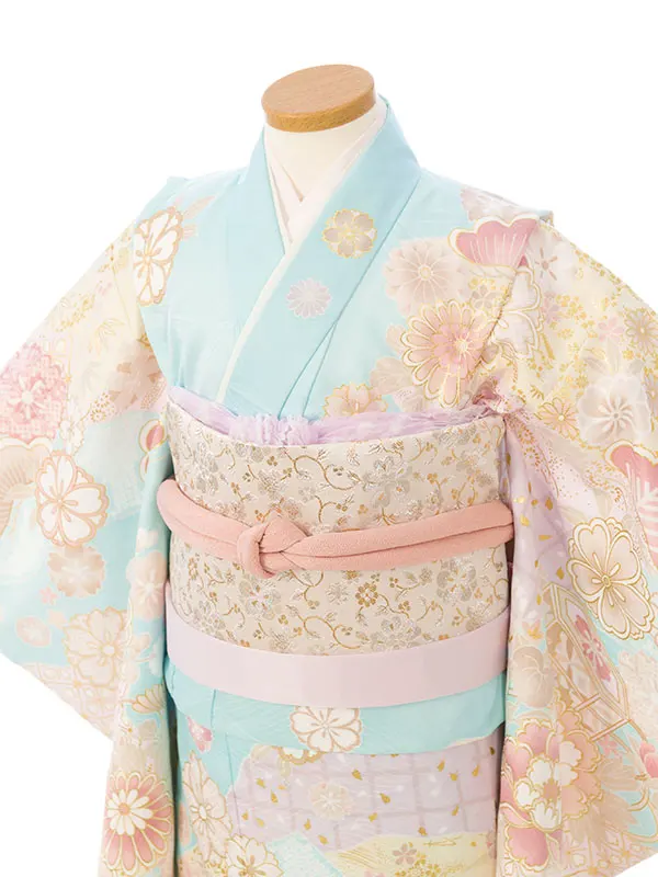 七五三(7歳女)HAP7350 薄水色 四季花 古典柄 金彩