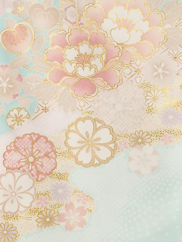 七五三(7歳女)HAP7350 薄水色 四季花 古典柄 金彩