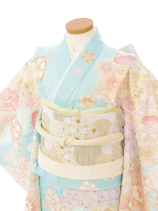 七五三(7歳女)HAP7351 薄水色 四季花 古典柄 金彩