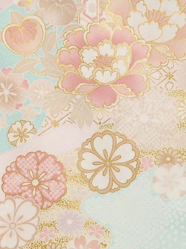 七五三(7歳女)HAP7351 薄水色 四季花 古典柄 金彩