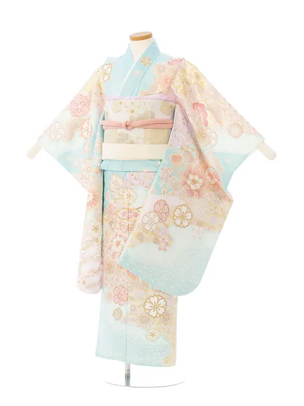 七五三(7歳女)HAP7352 薄水色 四季花 古典柄 金彩
