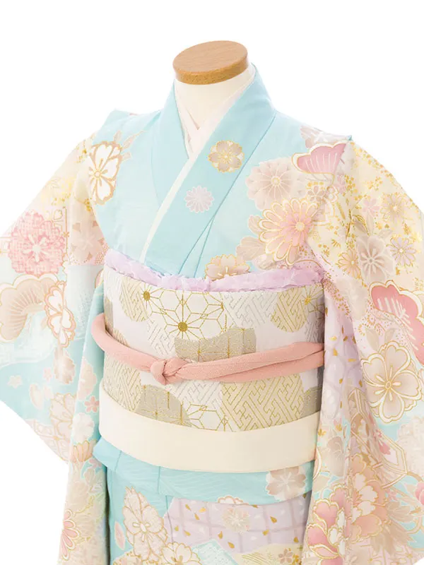 七五三(7歳女)HAP7352 薄水色 四季花 古典柄 金彩