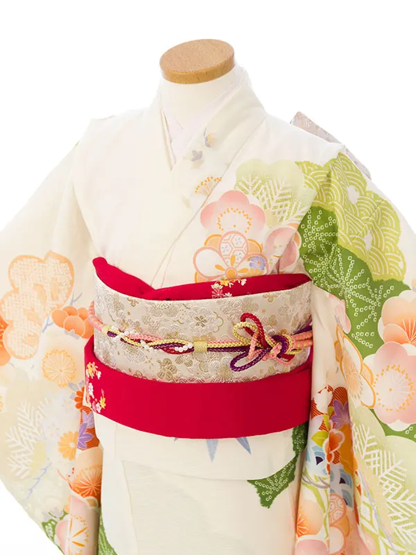 七五三(7歳女)HAP7364 ｸﾘｰﾑ白/鶸 梅がさね