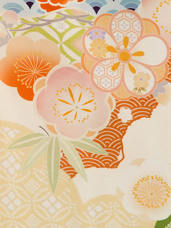 七五三(7歳女)HAP7364 ｸﾘｰﾑ白/鶸 梅がさね