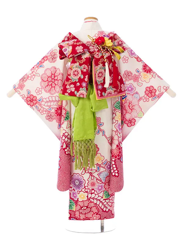 七五三(7歳女)HAP7373 白/赤 疋田調 牡丹 桜