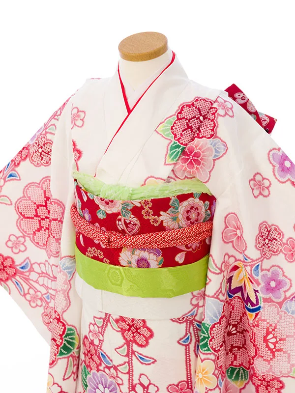 七五三(7歳女)HAP7373 白/赤 疋田調 牡丹 桜
