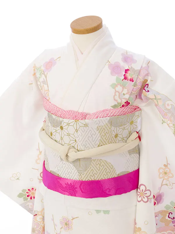 七五三(7歳女)HAP7417  白 熨斗に四季花 金彩