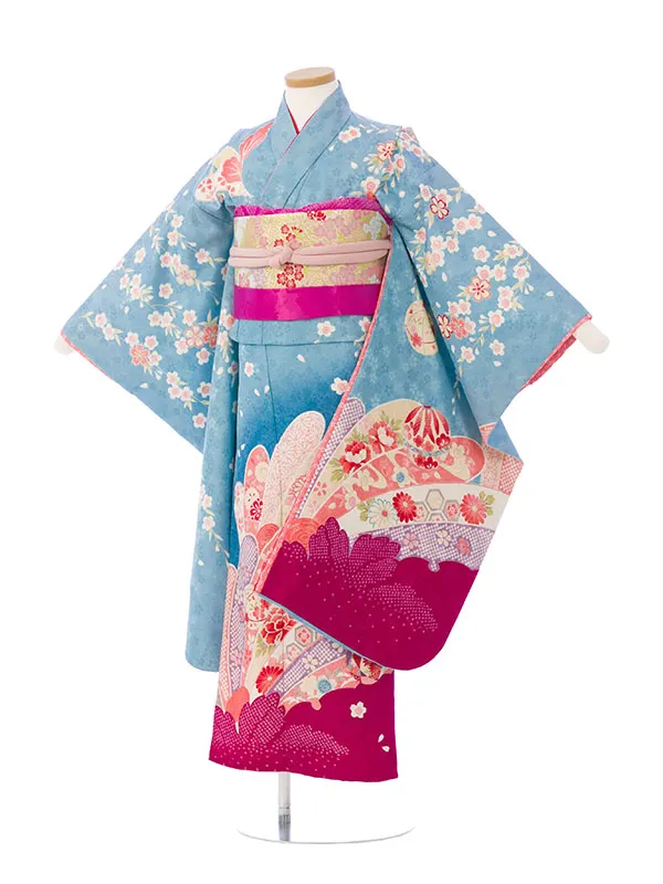 七五三(7歳女)HAP7422 水色裾ﾋﾟﾝｸ 束ね熨斗に吉祥文