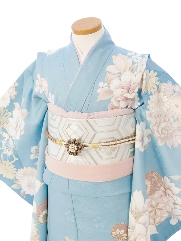 七五三(7歳女)HAP7441 水色 四季花 金彩
