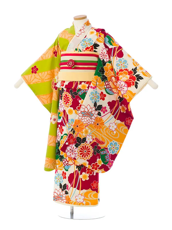 七五三(7歳女)HAP7814 ｸﾘｰﾑ×鶸 吉祥古典柄